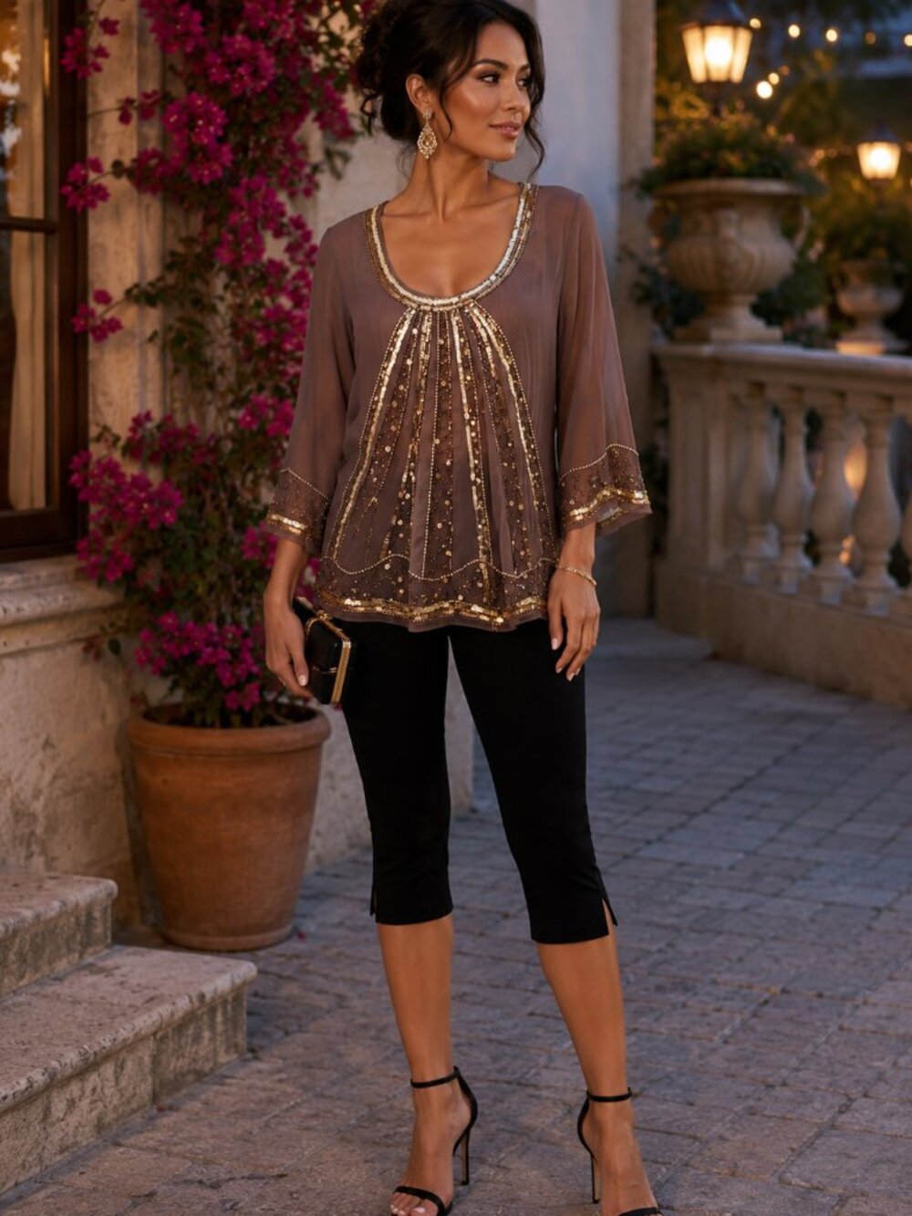 Bar III Beaded Sequin Sheer Bell Sleeve Tunic Top Size Small